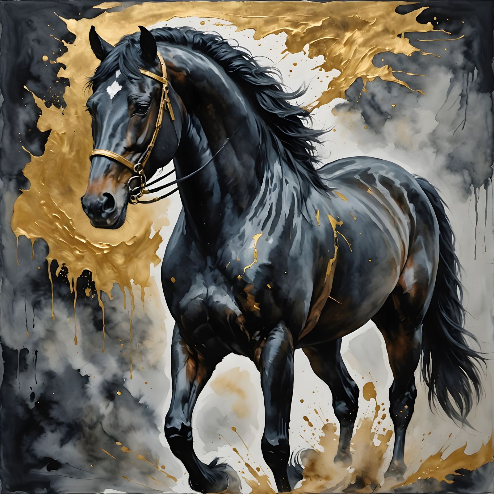 Elegant Black Horse with Golden Veins in Gouache Masterpiece