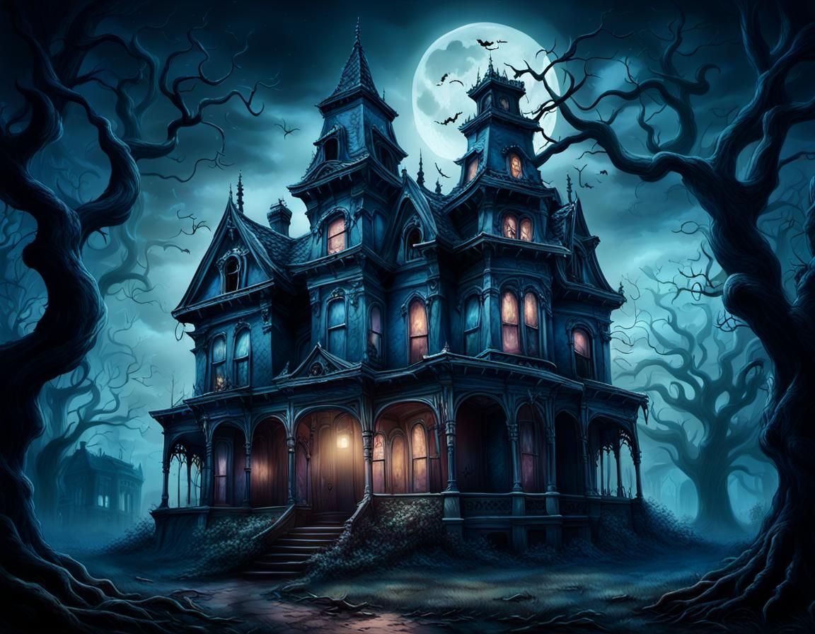 Victorian Gothic Haunted House with Demonic Ghost