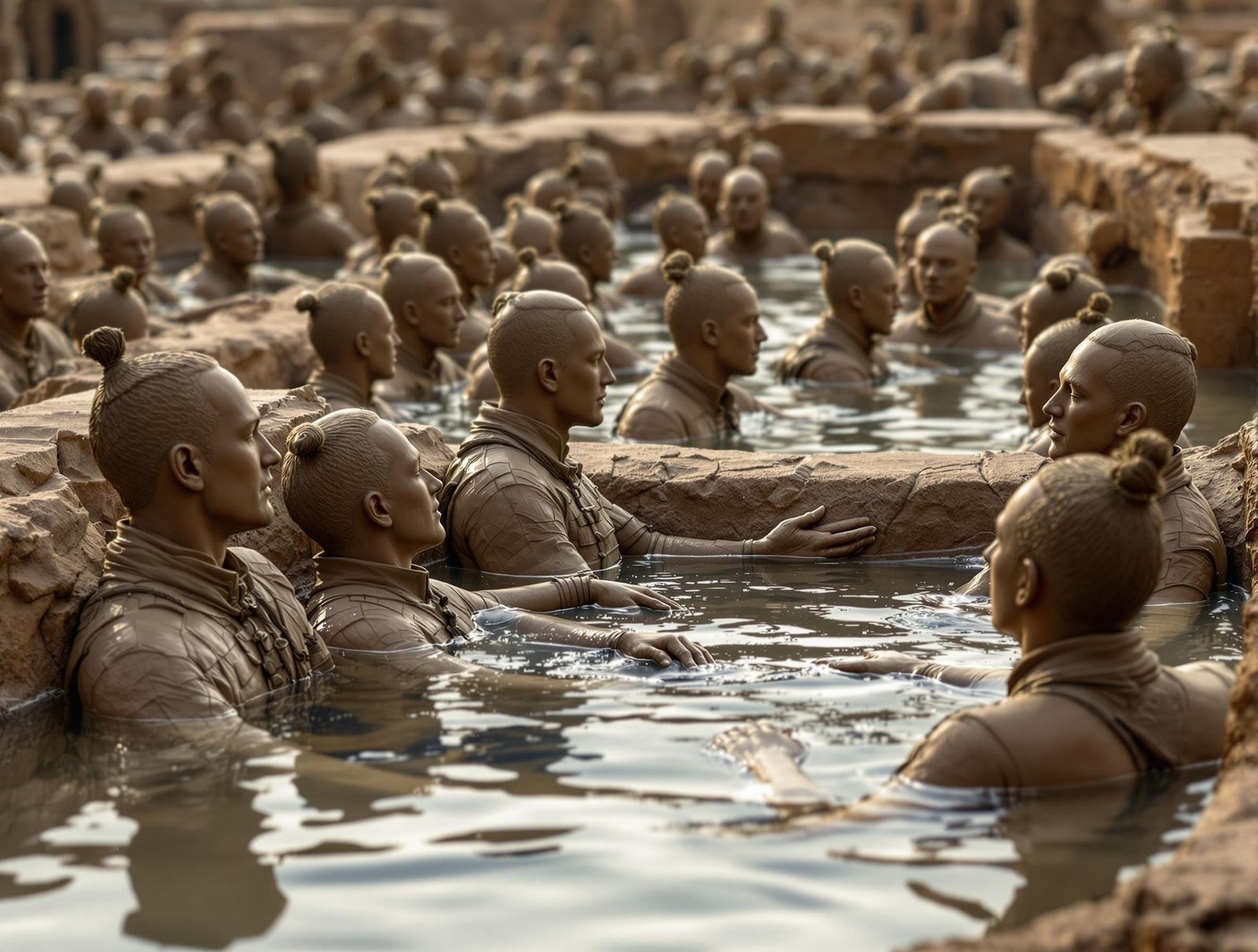 Terracotta Army Relaxing After Battle in Clay Pool