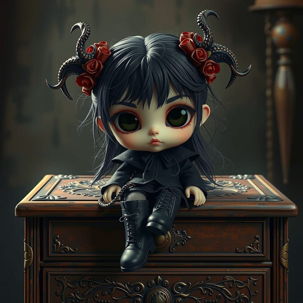 Gothic Chibi Doll on Ornate Chest in Epic Digital Painting