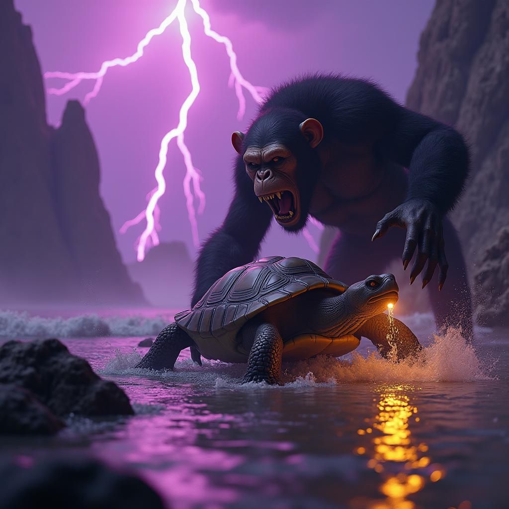 Chimpanzee Turtle Attack in Dark Fantasy Style