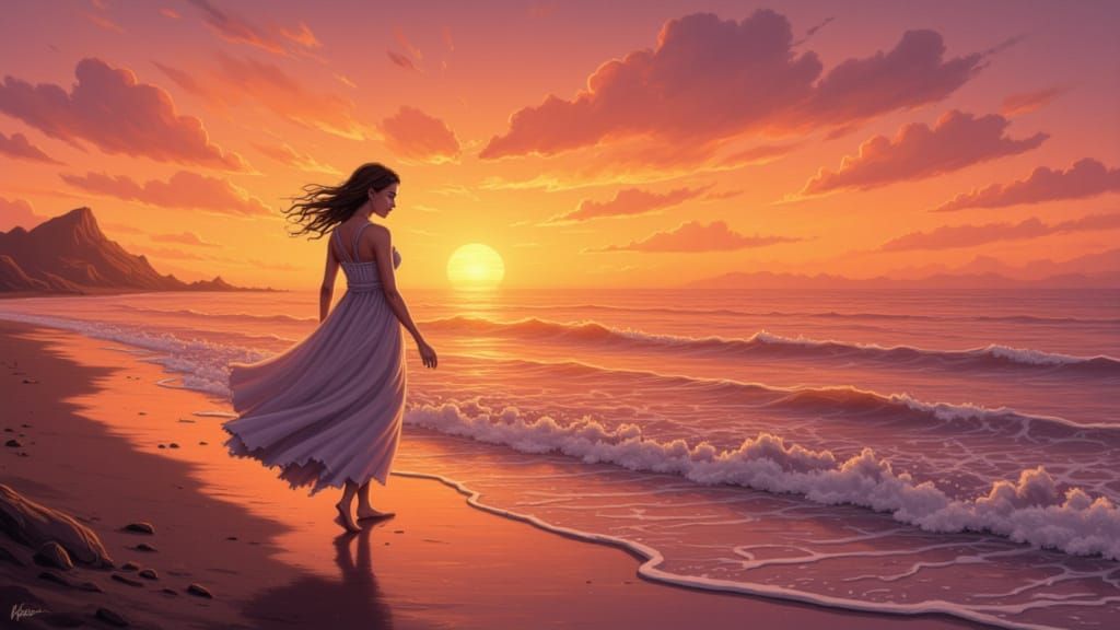 Woman on Beach at Sunset in Digital Art Style