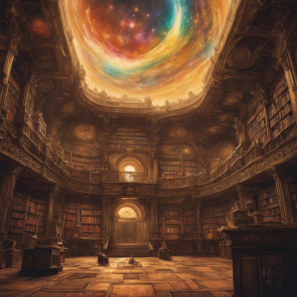 Cosmic Library in Space: Baroque Digital Painting