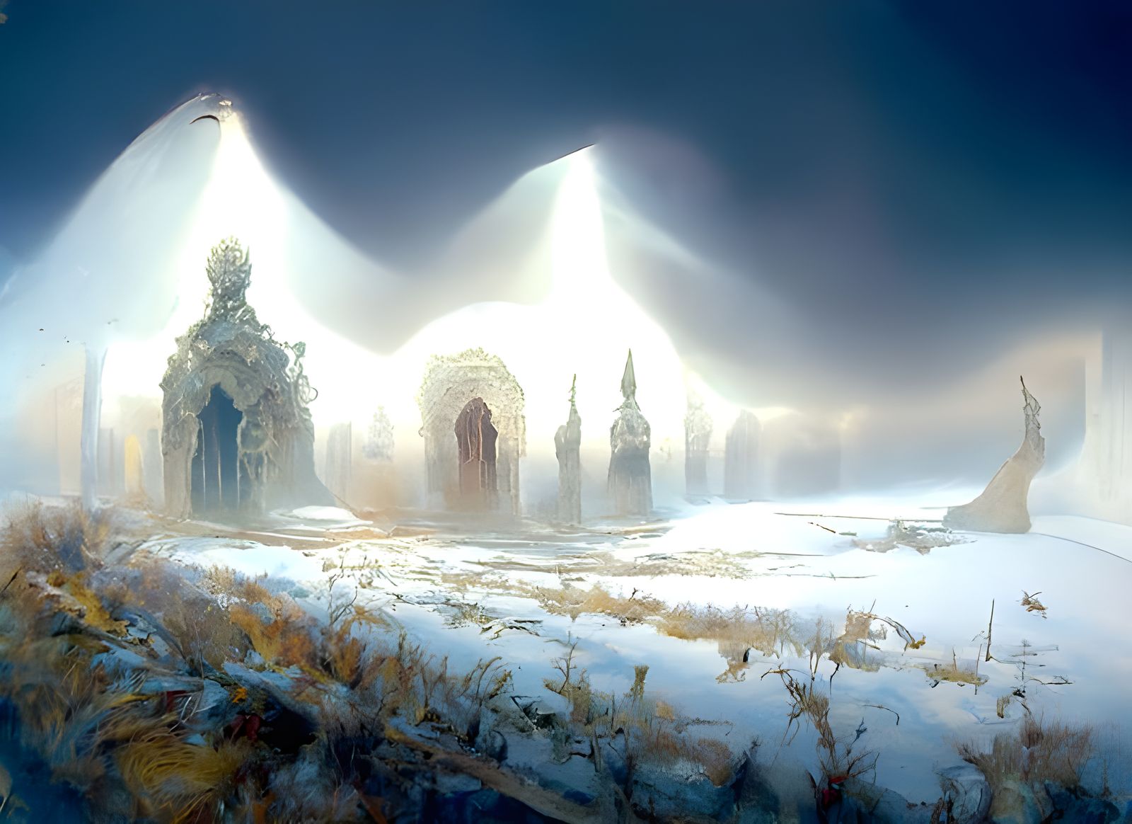 Ethereal Castle Ruins in Winter Snowstorm