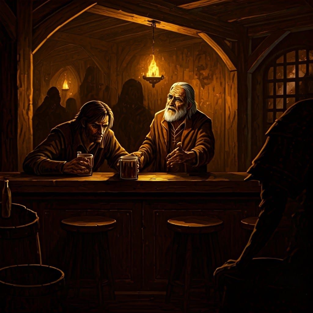 Grim Medieval Tavern Scene in Dark Fantasy Style