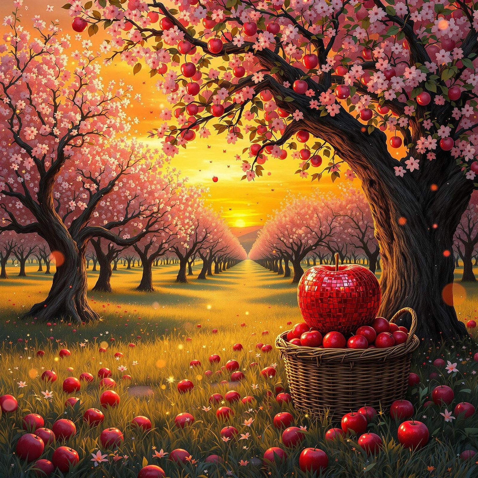 Surreal Sunset Orchard in Vibrant Oil Painting Style