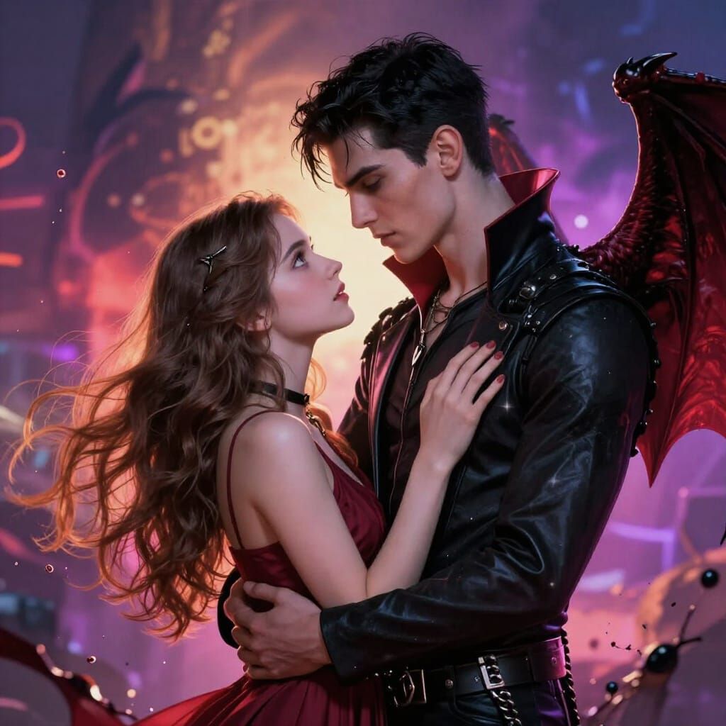 Vampire Boy With Demon Wings Holds Girl Tenderly