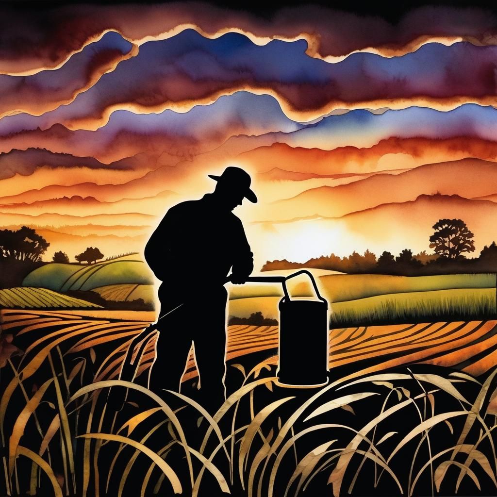 Farmer Silhouette at Sunrise in Neo-Romantic Style