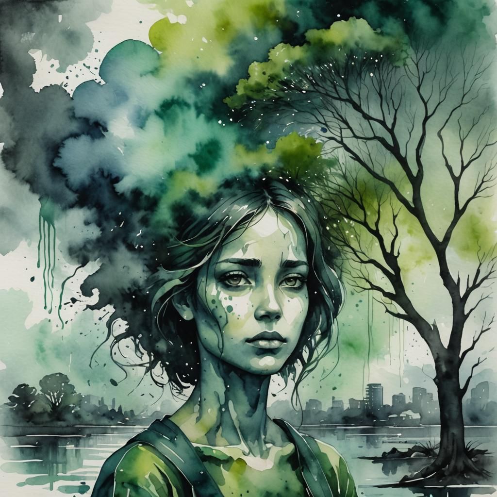 Moody Watercolor: Woman and the Last Tree