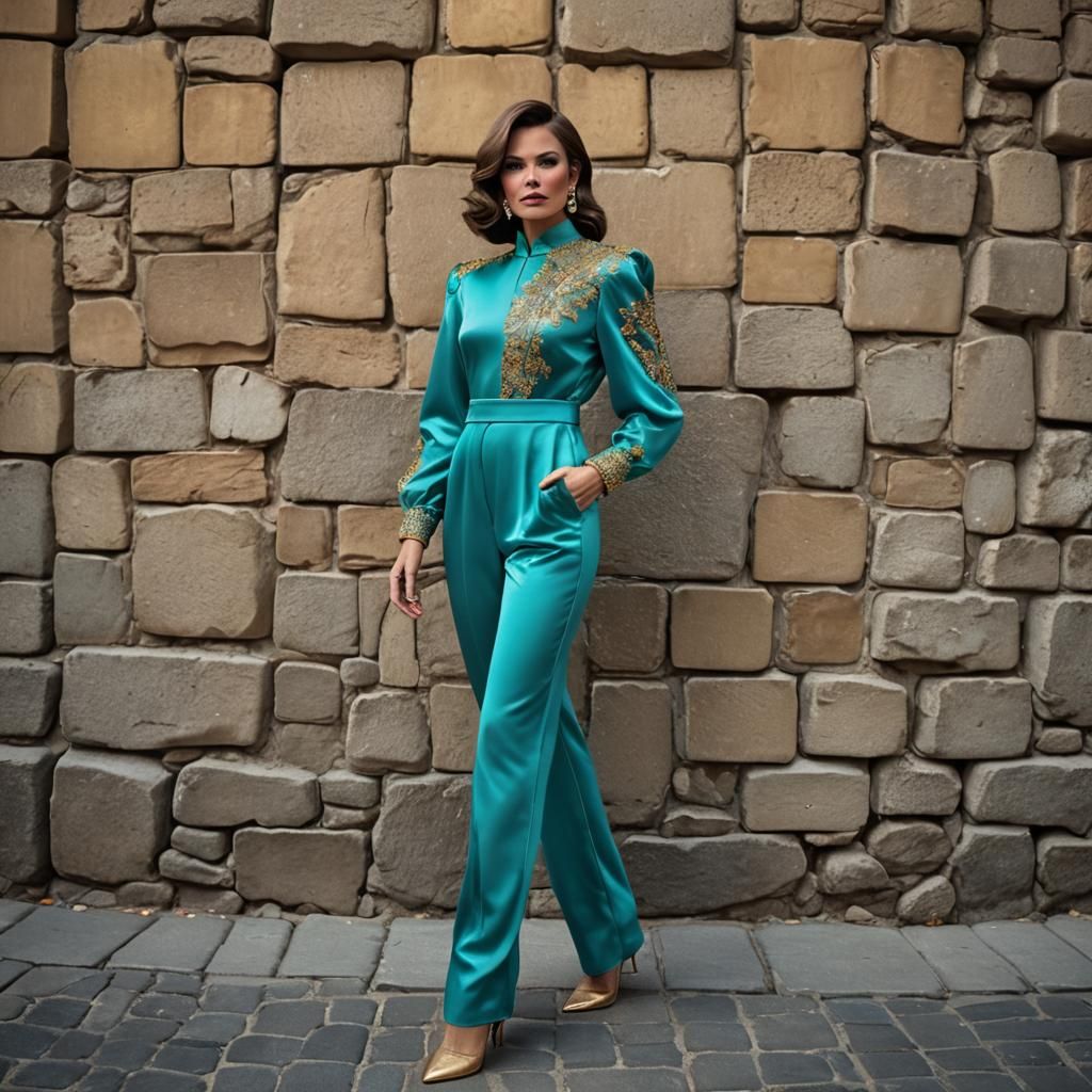 Woman in Turquoise Jumpsuit, 1970s Glam Fashion