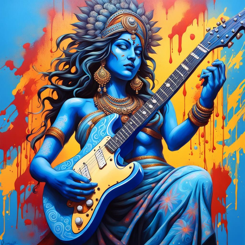 Blue Hindu Goddess Plays Electric Guitar in Graffiti Art