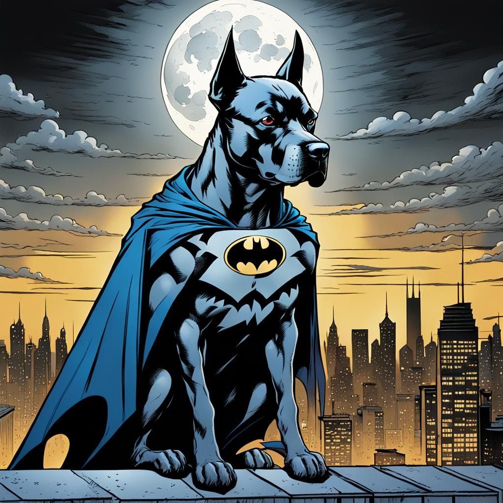 Dog as Batman on Gotham Rooftop Comic Art