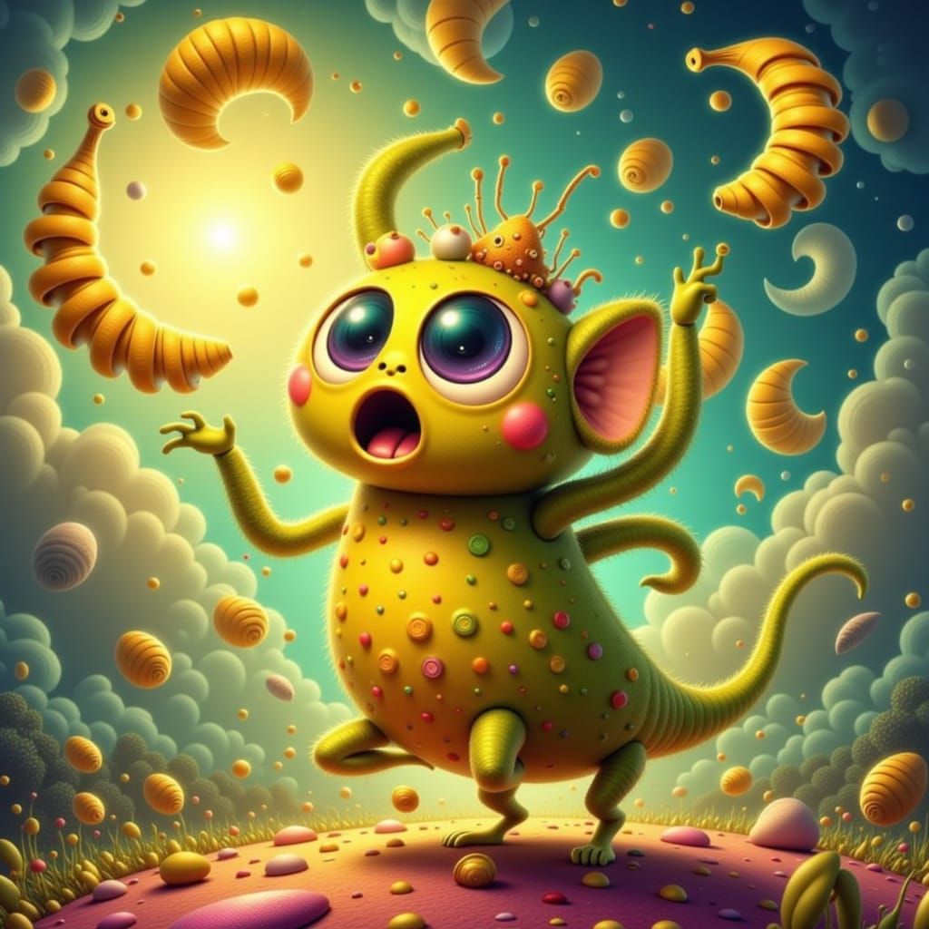 Whimsical Creature Juggling Bananas Under Psychedelic Sky