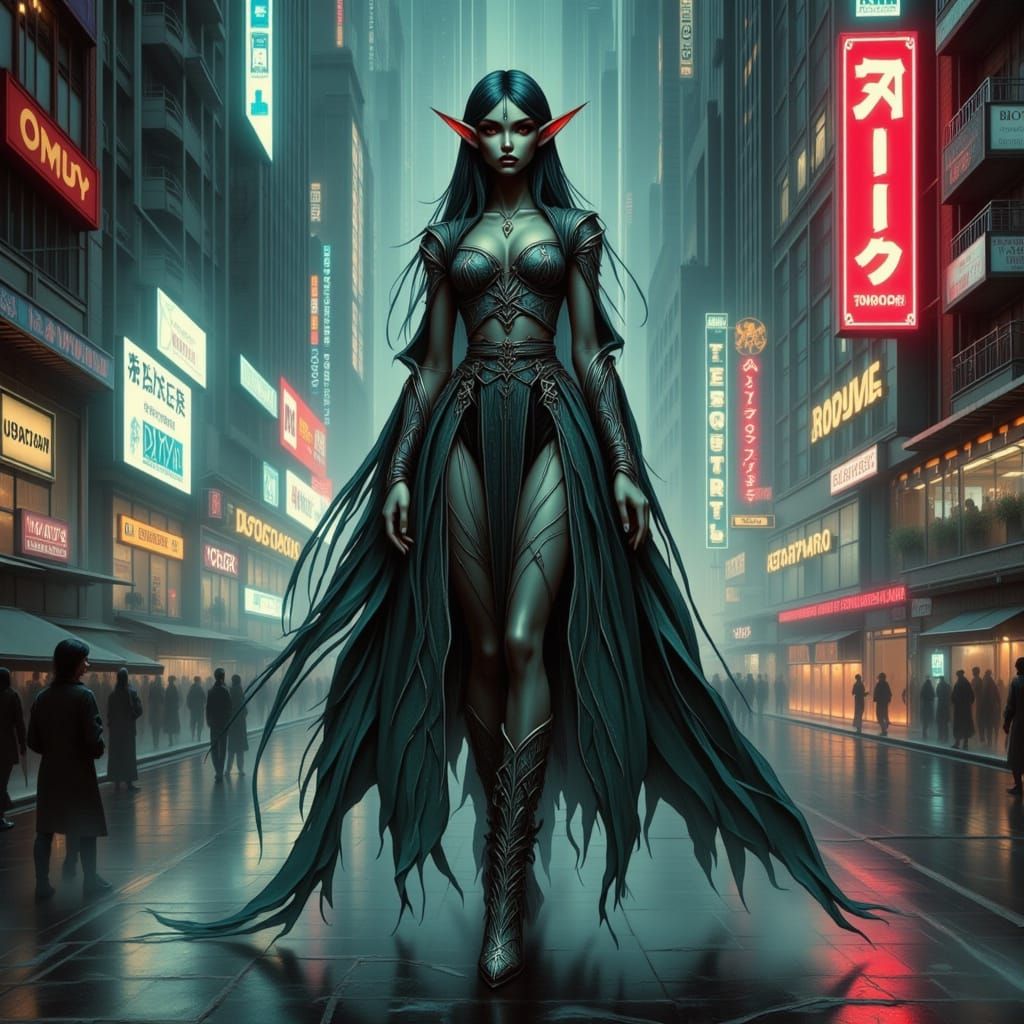 Elven Fashion Icon in Neon Cityscape