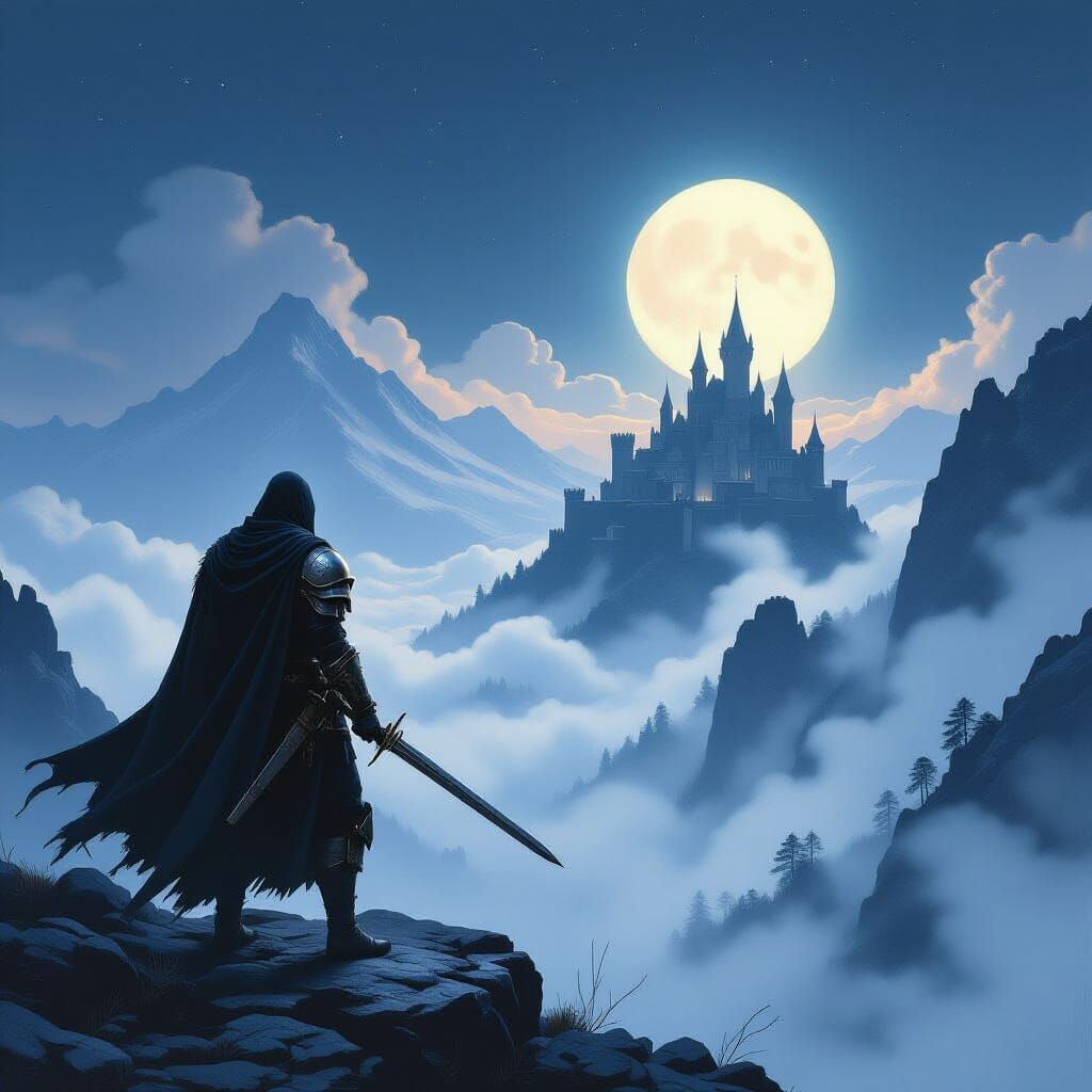 Soldier Gazes at Misty Castle on Mountain at Night
