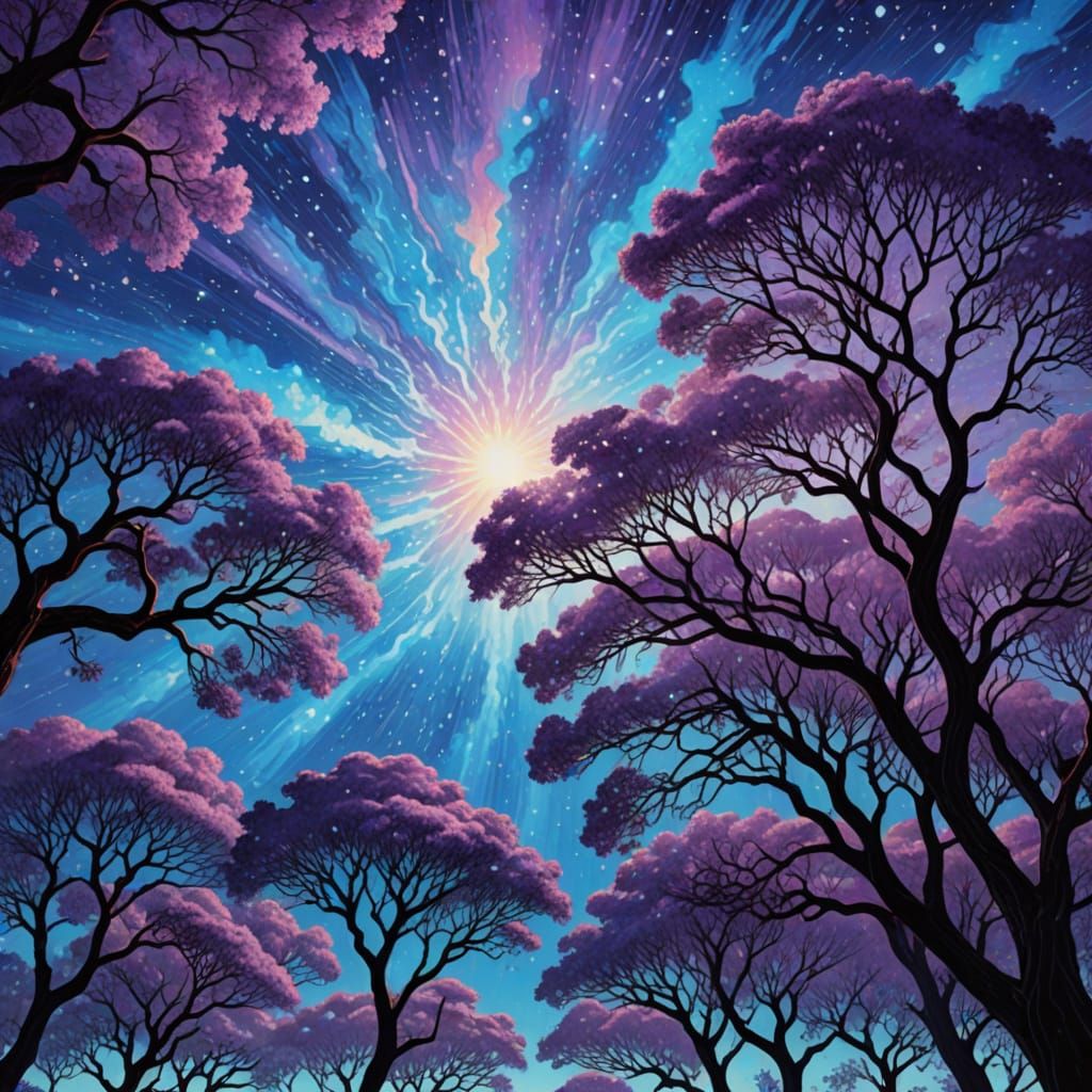 Cosmic Jacaranda Trees in Amethyst and Sapphire Bloom