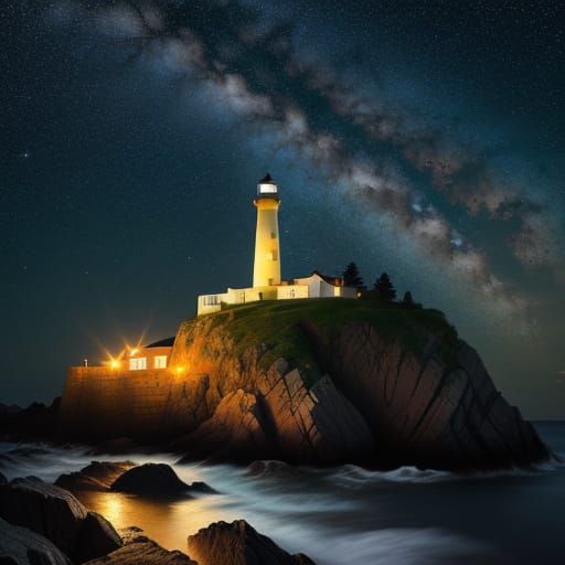 a lighthouse on a rocky coast, shining a light against a sta...