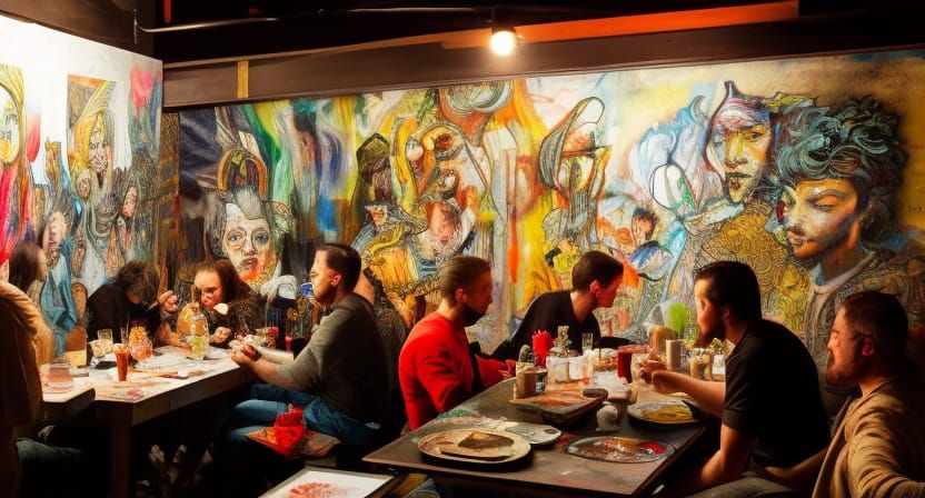 Artists in a Diner: Hyperrealistic 64 Megapixel Image
