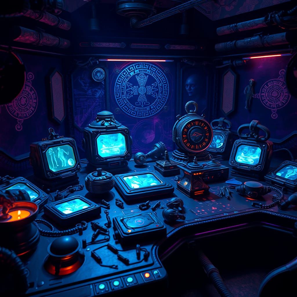Mysterious Alien Artifacts on Futuristic Console