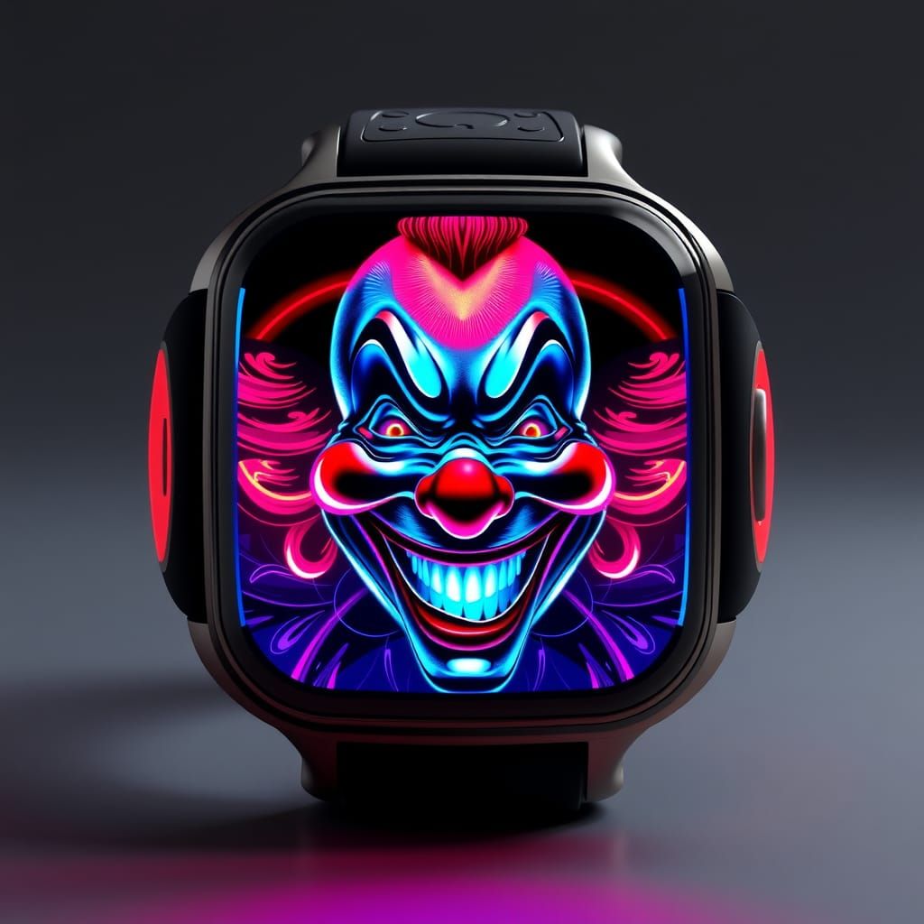 Futuristic Smartwatch with Holographic Cyberpunk Clown