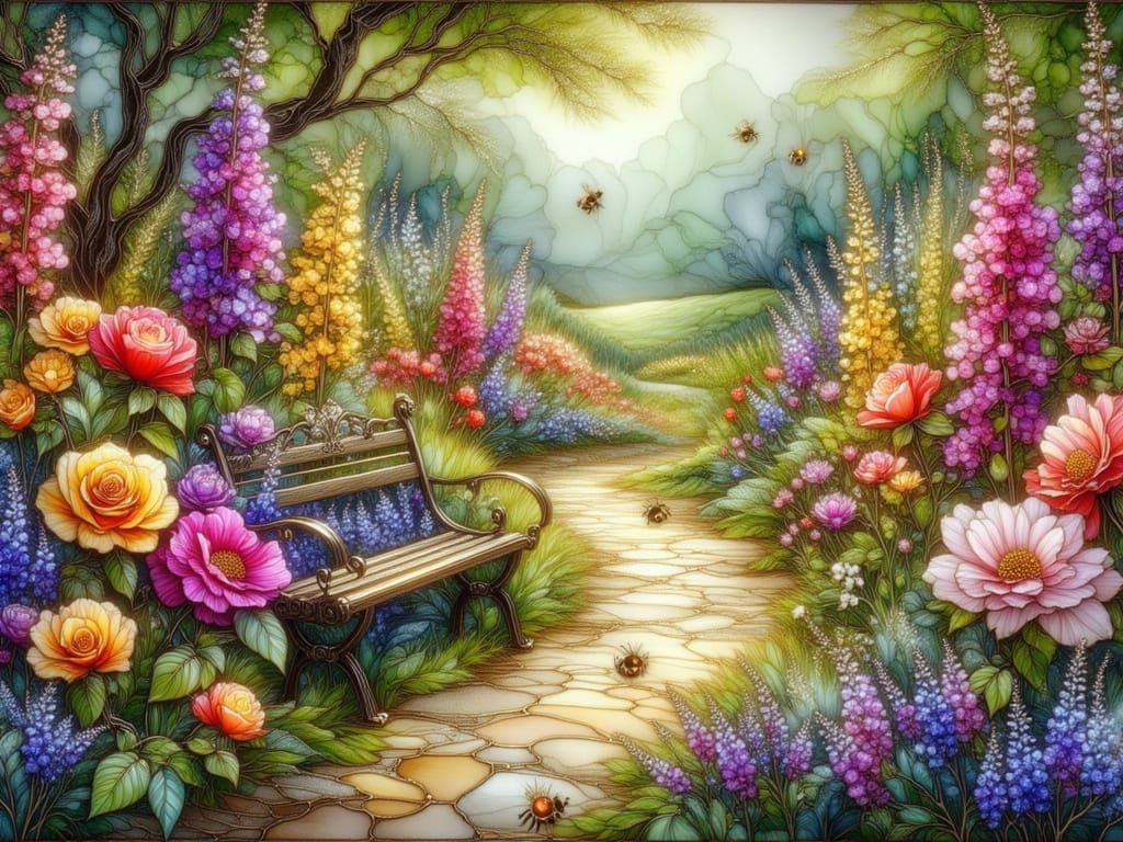 Charming English Garden in Full Bloom with Stone Path