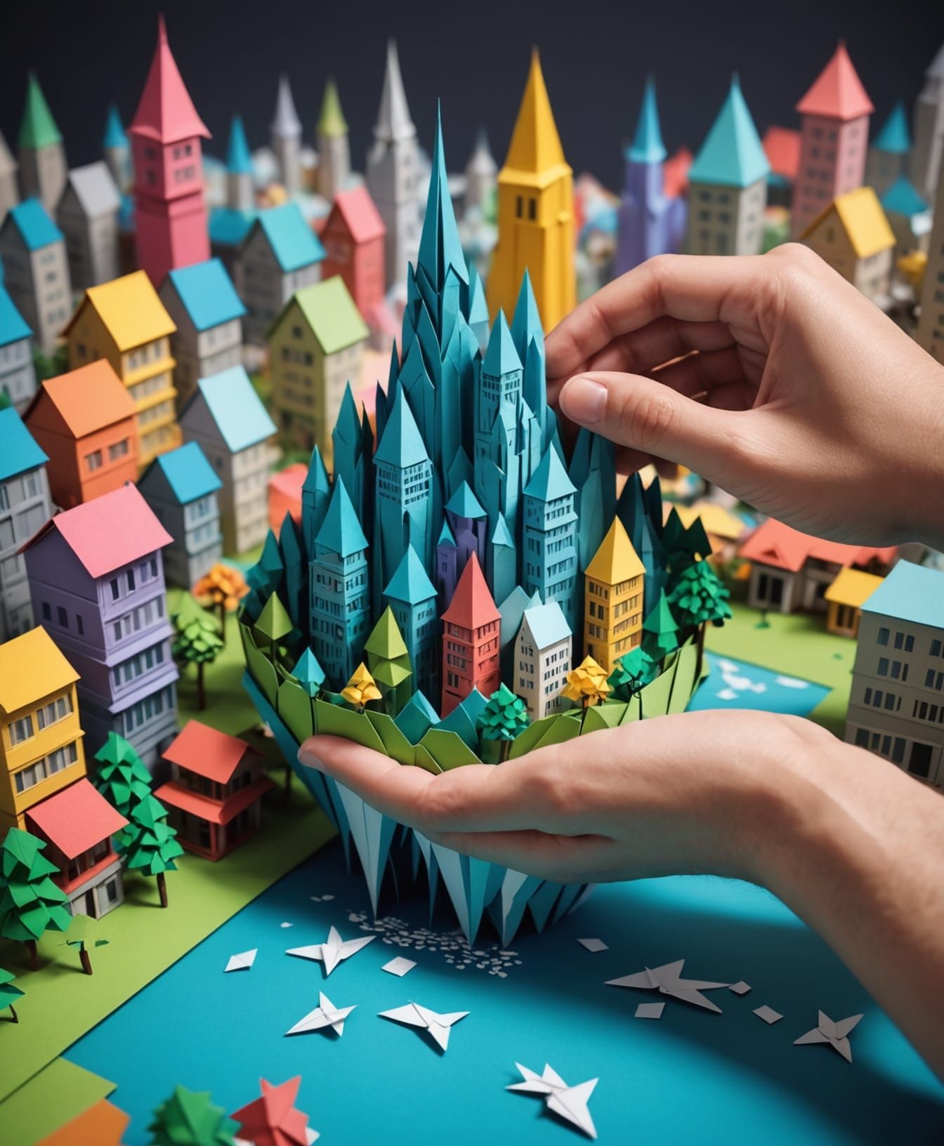 Vibrant Origami Cityscape in Anime Style