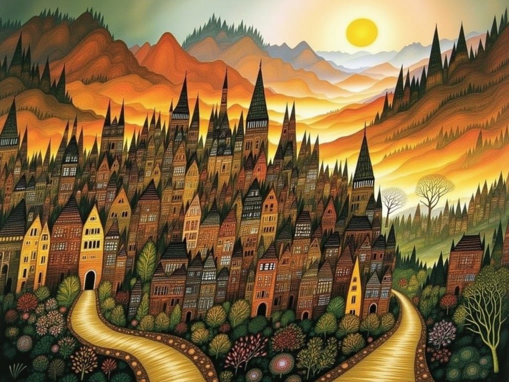 Whimsical Medieval Town Under Noctilucent Glow