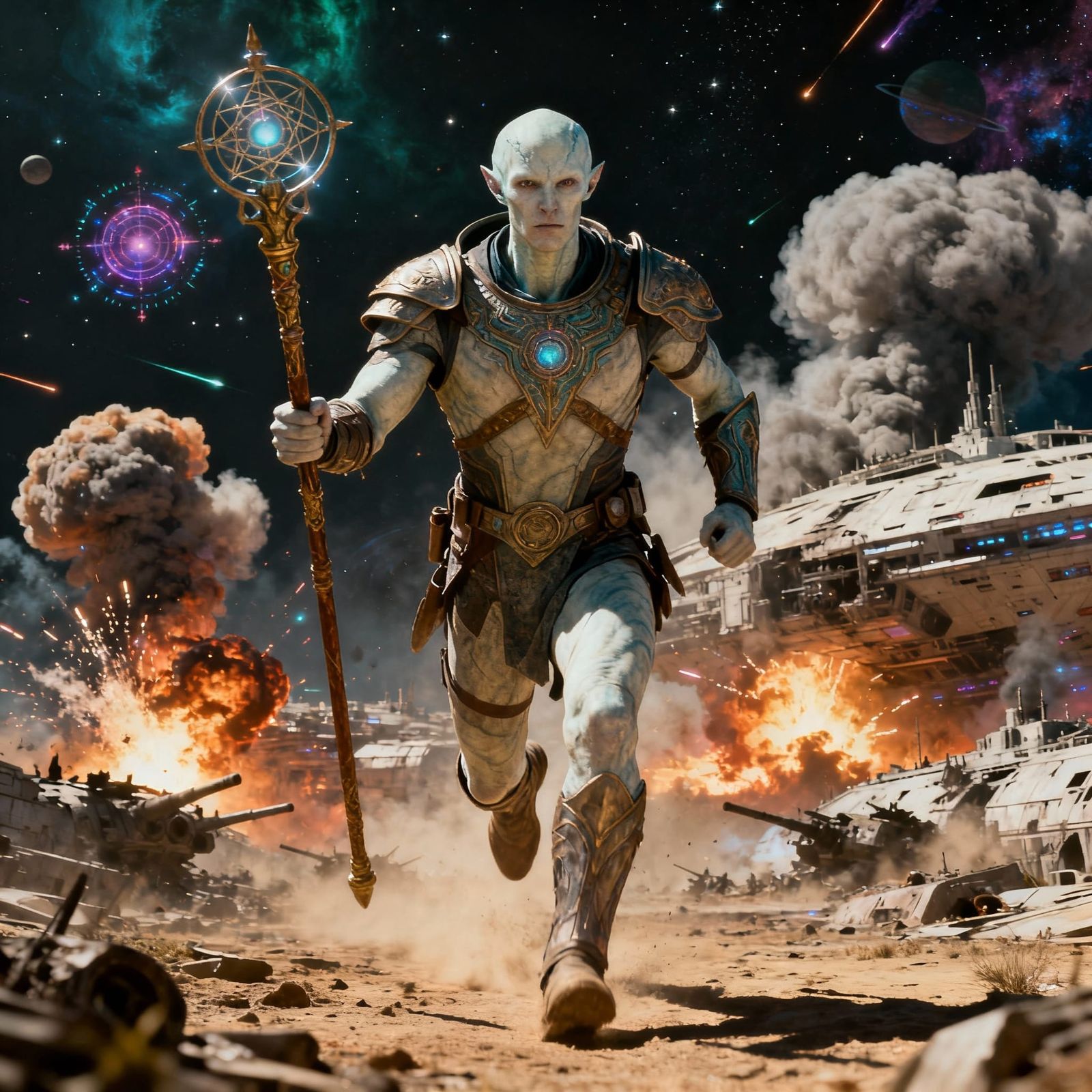 Astral Hero Runs Through Space War in Paleofuturistic Armor