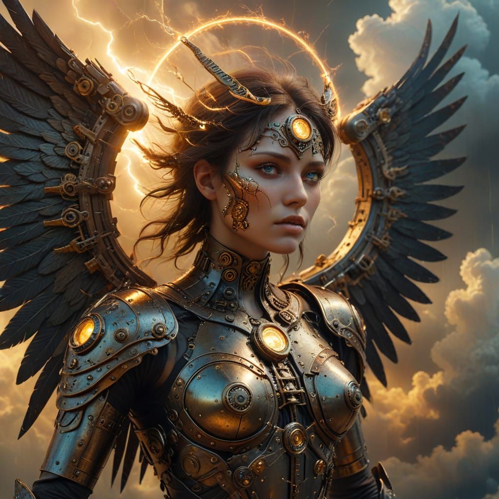 Steampunk Angel in Storm with Glowing Runes