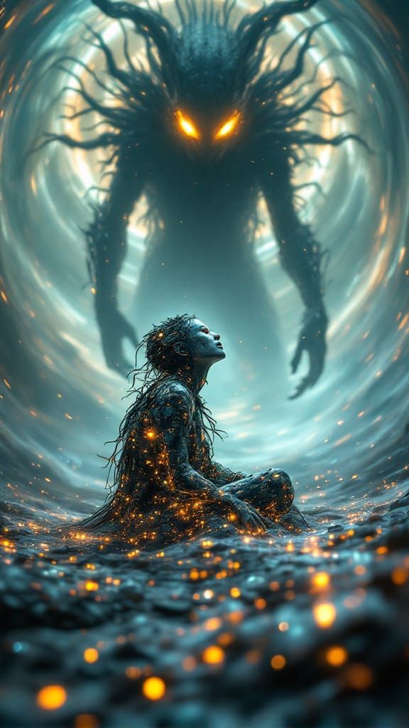 Surreal Cyberpunk Figure Amidst Whirling Motion Blur, Transf...