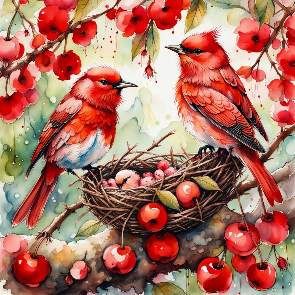 Red Warblers in Cherry Blossoms, Watercolor Art