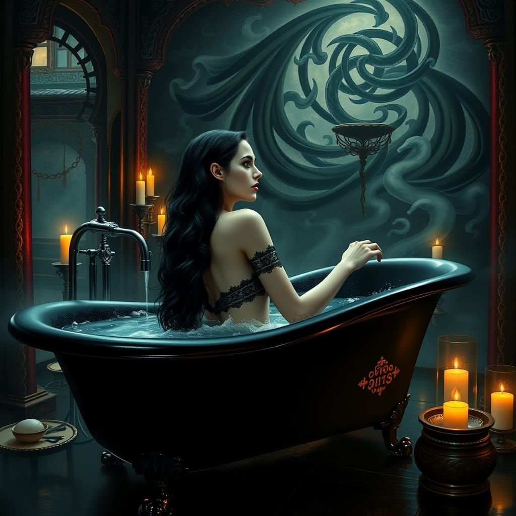 Morticia Addams Bathtub Scene as Impasto Painting