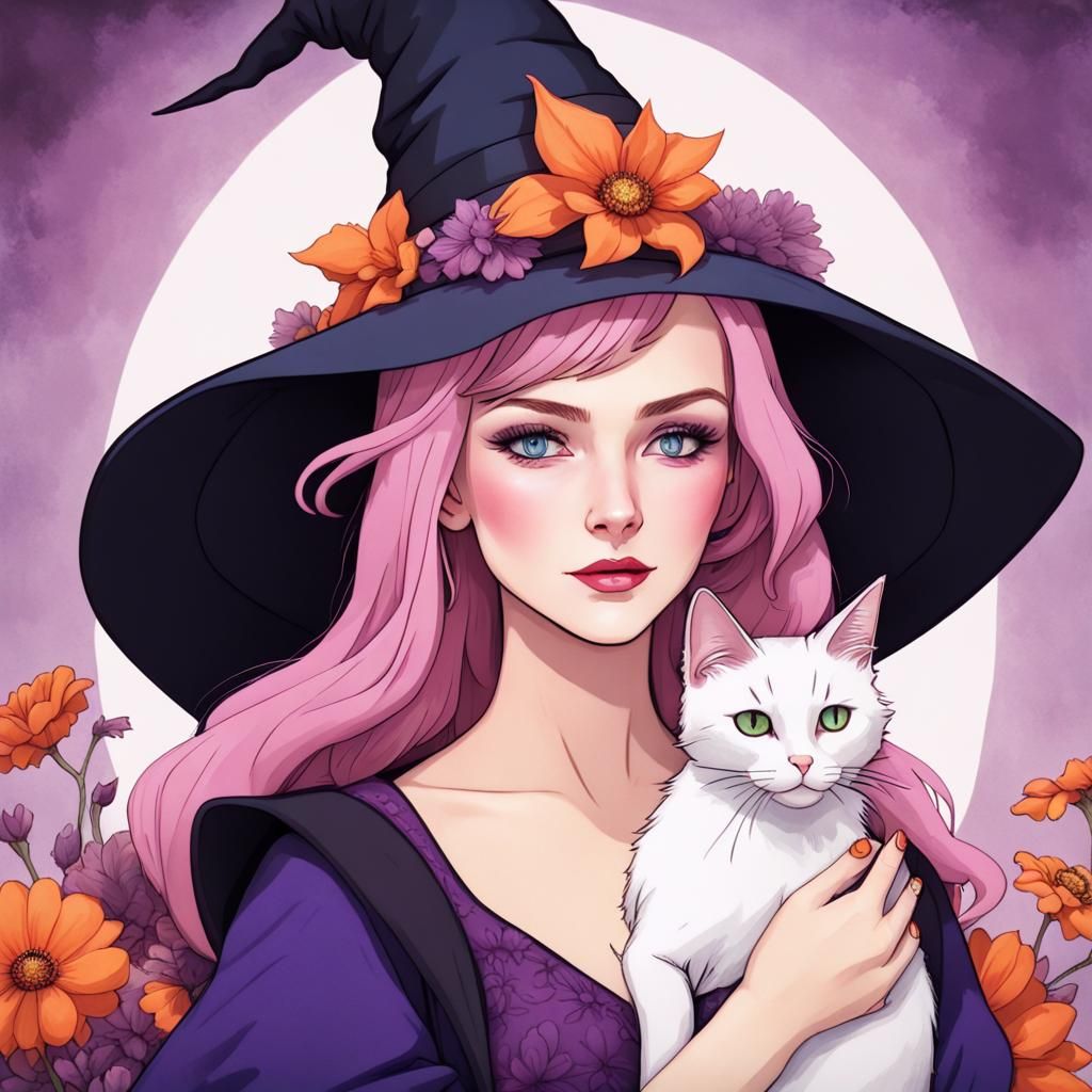 Plus-Size Pink-Haired Witch with Cat