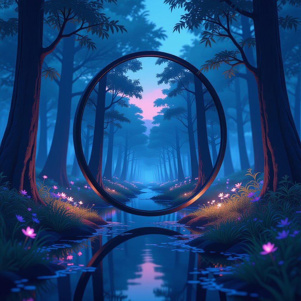 Surreal Mirror Reflects Inverted Twilight Forest