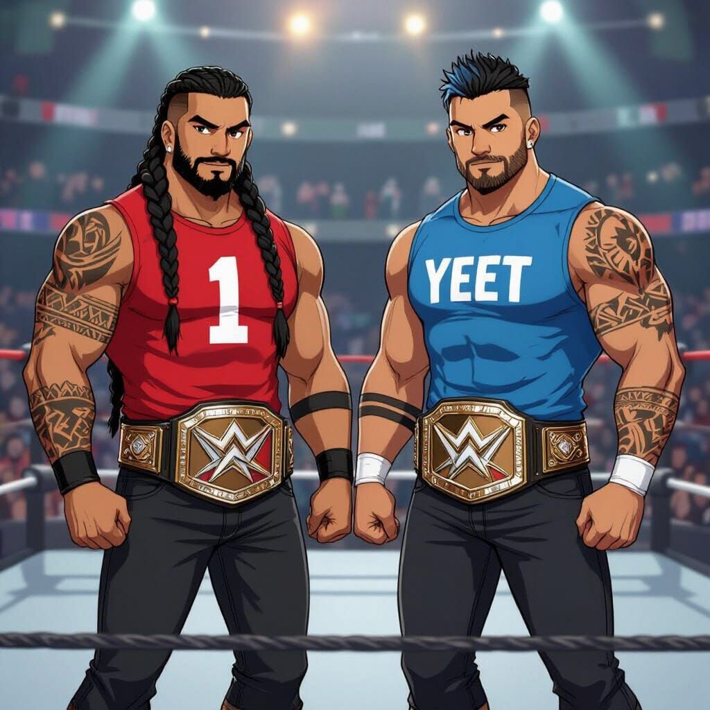 Anime Wrestlers with Championship Belts Amidst Fireworks