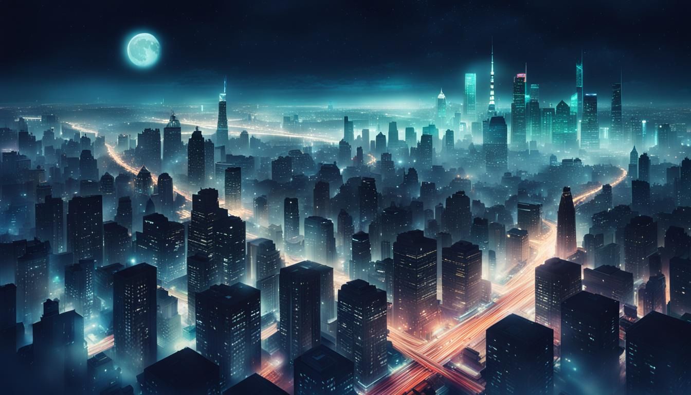 Gorgeous Nighttime Metropolis with Moonlight Skyline