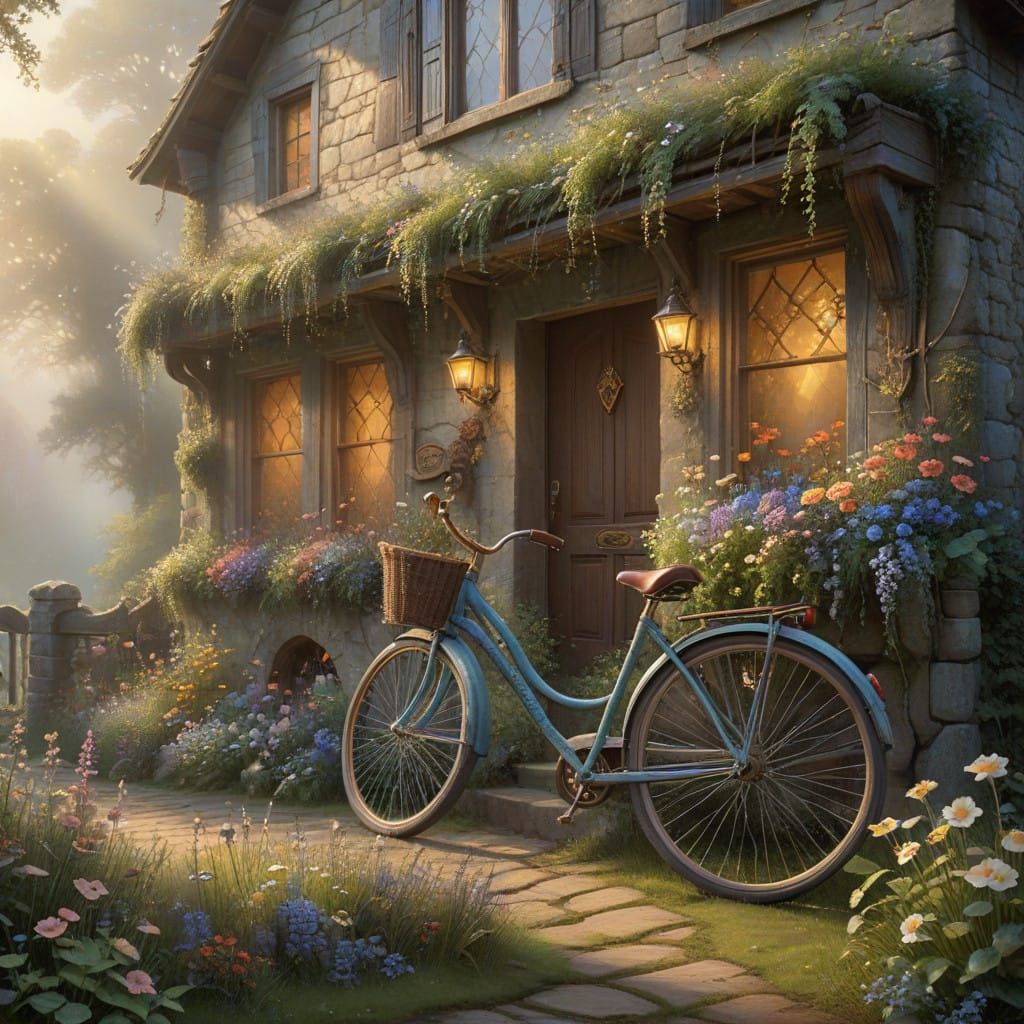 Vintage Bike Against Ancient English Cottage