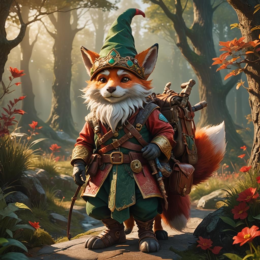 Gnome Rides Fox in Mystical Forest, Fantasy Art