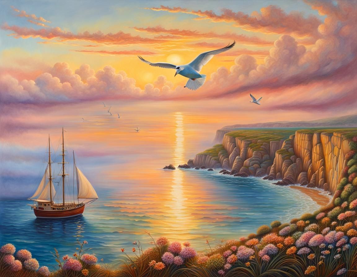 Pastel Sunset Coastline: Hyperrealistic Watercolor Painting