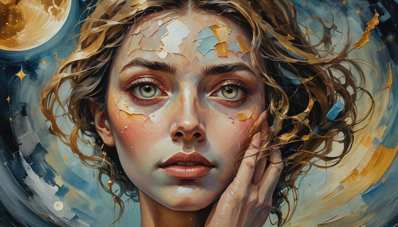 Dreamy Surreal Portrait with Square Moon, Oil Painting