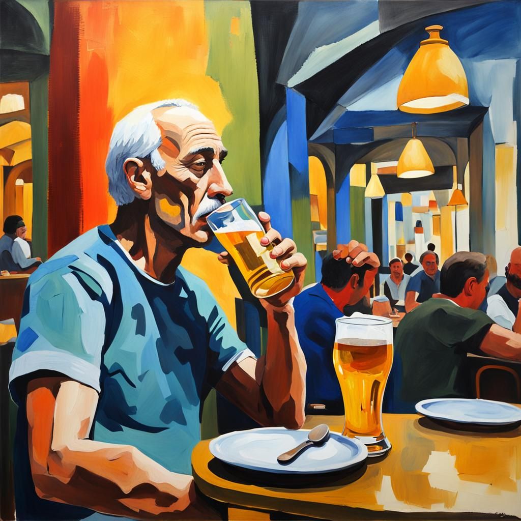 A Man Savoring a Cold Beer in a Cafe, in the Style of Picass...