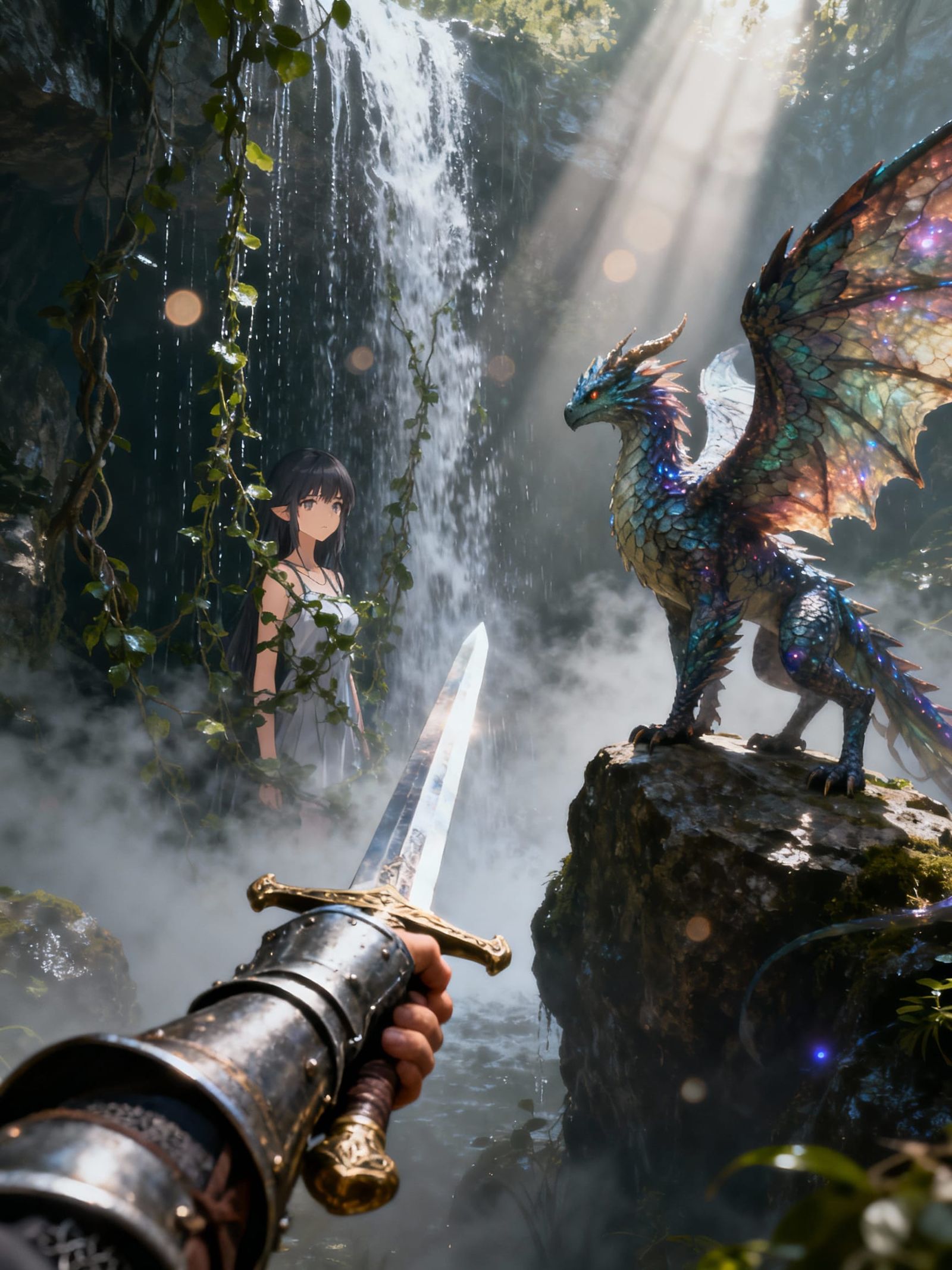 Knight's Sword Pointed at Mysterious Anime Woman in Waterfal...