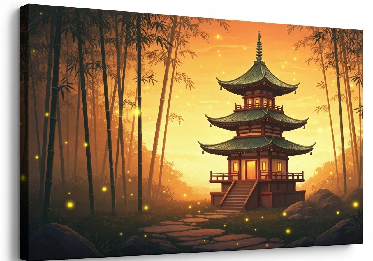 Whimsical Pagoda in Japanese Art Style at Sunset