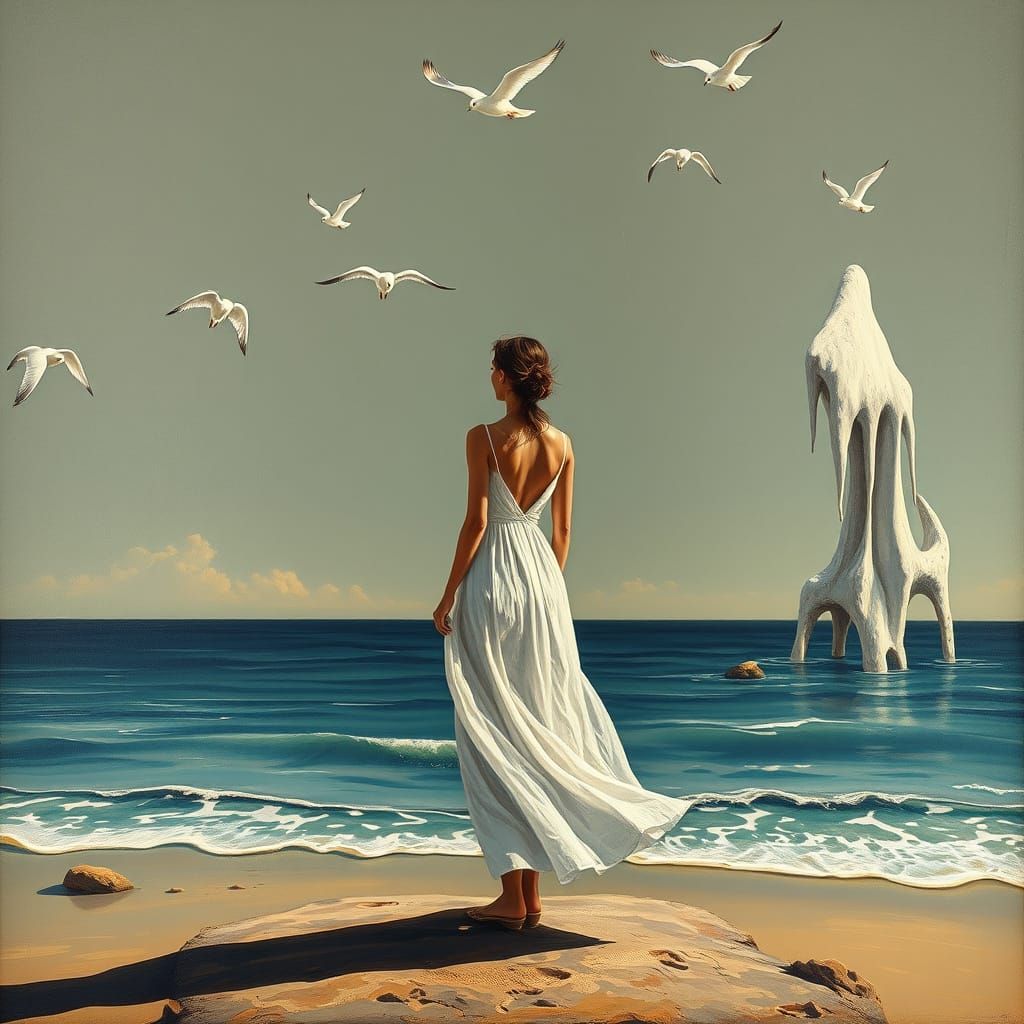 Woman Watching Birds in Surreal Seascape, Dali Style