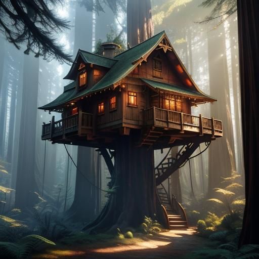 Treehouse in Giant Redwood Forest: Detailed Matte Painting