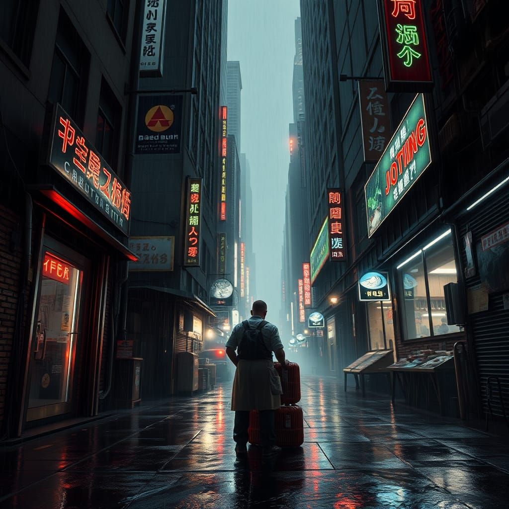 Cyberpunk Butcher in Rainy Hong Kong Alleyway