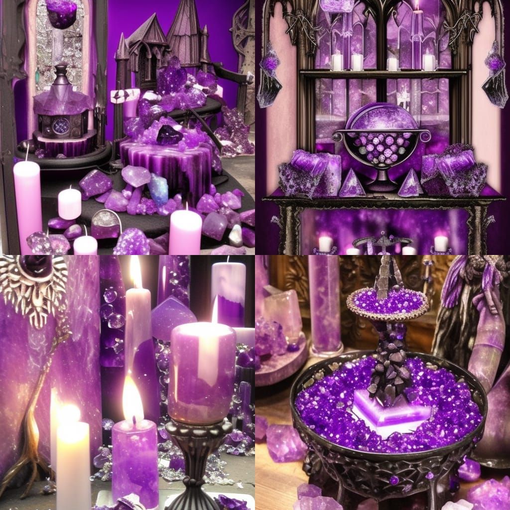 Purple witches den gemstones everywhere& crystals everywhere& amethyst crystal clusters everywhere& shelves with gemston...