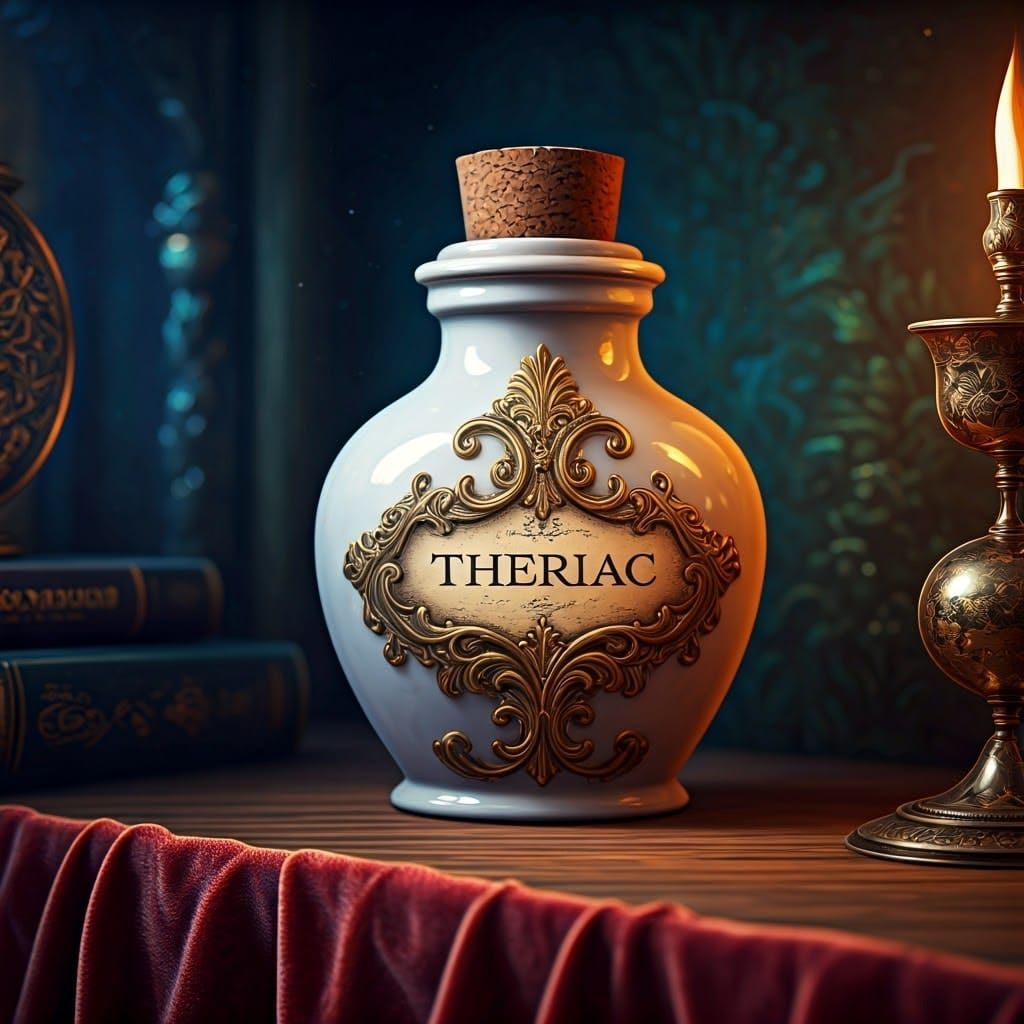 Ornate Apothecary Jar with Theriac Label