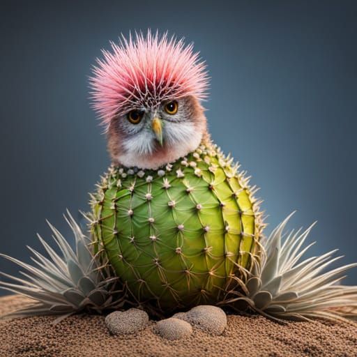 Cactus Owl in Opulent Desert: Blown Glass Sculpture