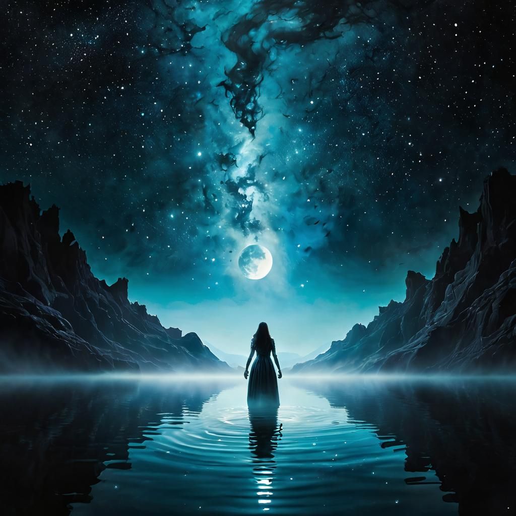 Surreal Woman Touches Moon in Starry Night